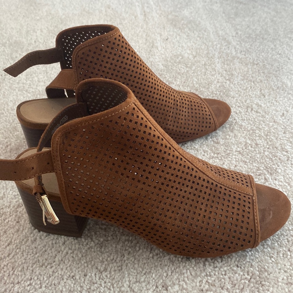 LOFT Perforated Brown Suede Peep-Toe Ankle Booties